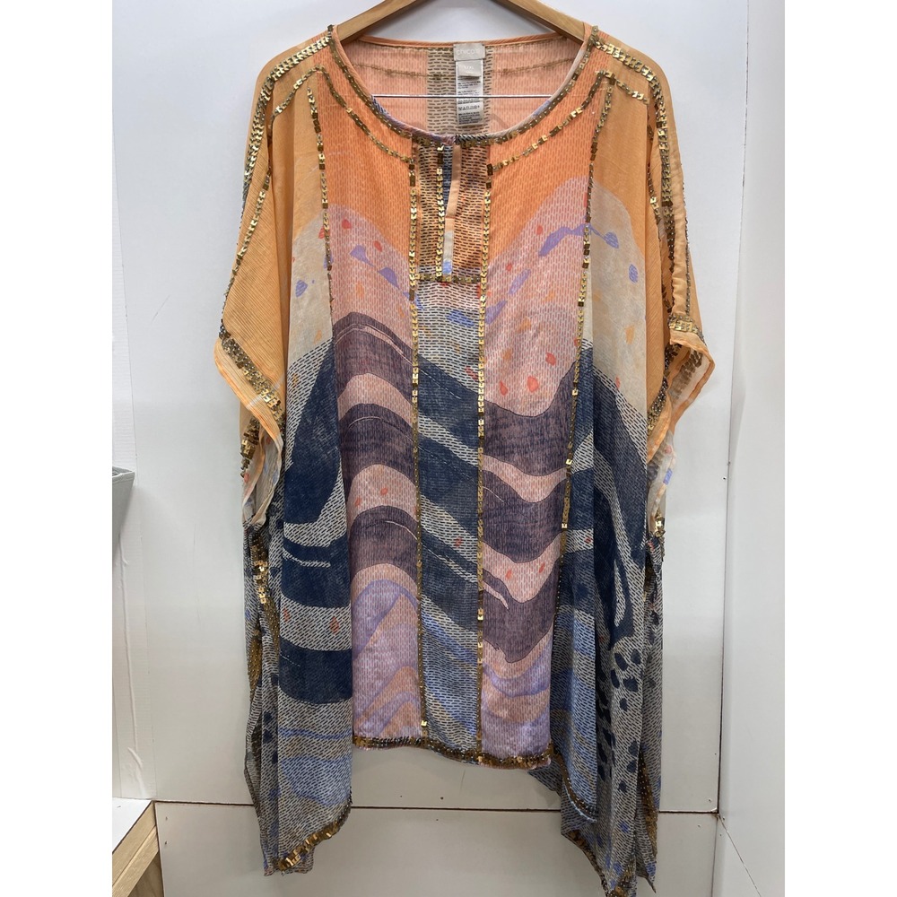 Chico's Sequin Embellished Abstract Kaftan Top Orange Blue L/XL